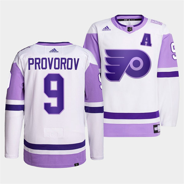 Mens Philadelphia Flyers #9 Ivan Provorov 2021-22 White Purple Hockey Fights Cancer Primegreen Jersey