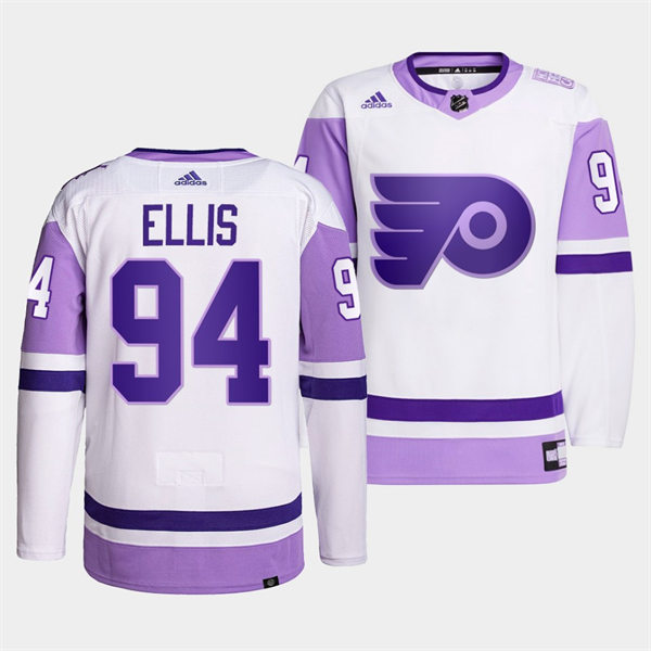 Mens Philadelphia Flyers #94 Ryan Ellis 2021-22 White Purple Hockey Fights Cancer Primegreen Jersey
