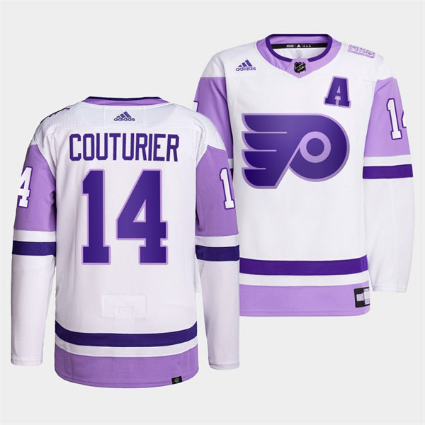 Mens Philadelphia Flyers #14 Sean Couturier 2021-22 White Purple Hockey Fights Cancer Primegreen Jersey