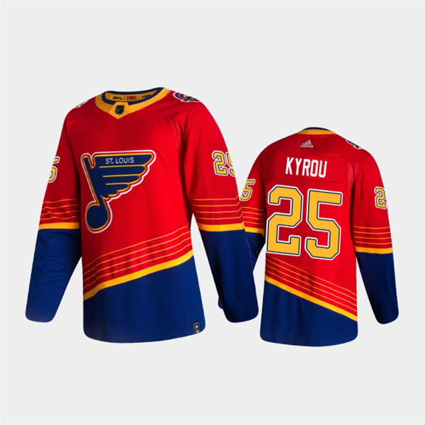 Mens St. Louis Blues #25 Jordan Kyrou adidas 2021 Red Blue Reverse Retro Jersey