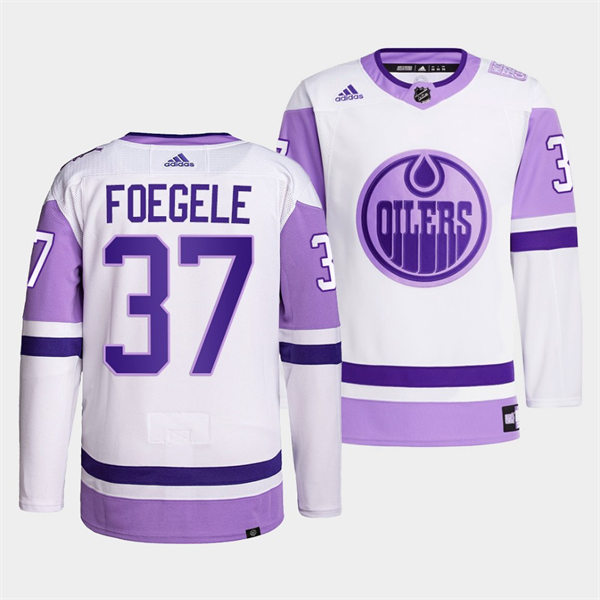 Men's Edmonton Oilers #37 Warren Foegele 2021-22 White Purple Hockey Fights Cancer Primegreen Jersey
