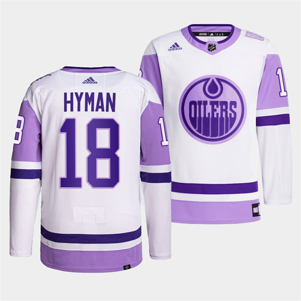 Men's Edmonton Oilers #18 Zach Hyman 2021-22 White Purple Hockey Fights Cancer Primegreen Jersey