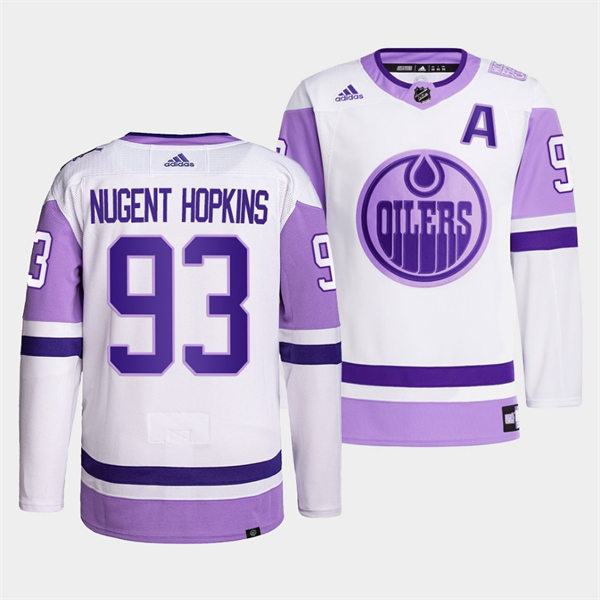 Men's Edmonton Oilers #93 Ryan Nugent-Hopkins 2021-22 White Purple Hockey Fights Cancer Primegreen Jersey