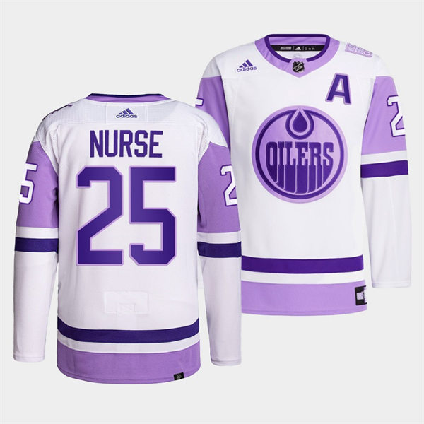 Men's Edmonton Oilers #25 Darnell Nurse 2021-22 White Purple Hockey Fights Cancer Primegreen Jersey