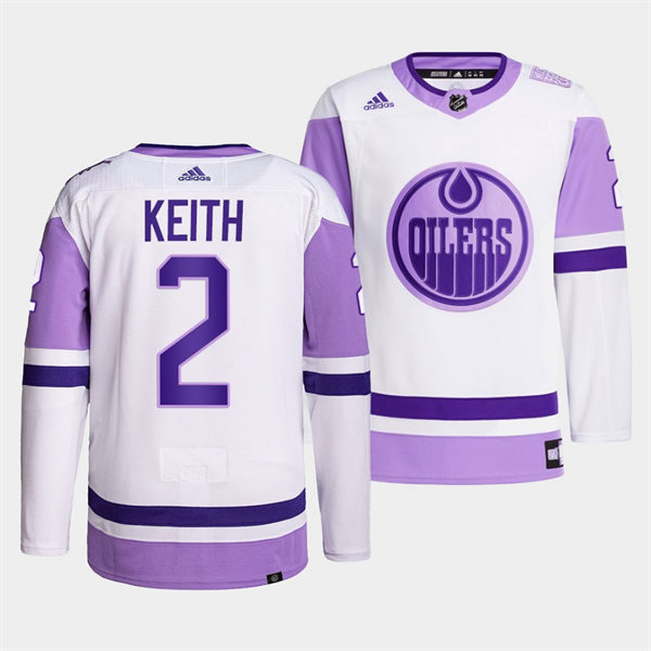 Men's Edmonton Oilers #2 Duncan Keith 2021-22 White Purple Hockey Fights Cancer Primegreen Jersey