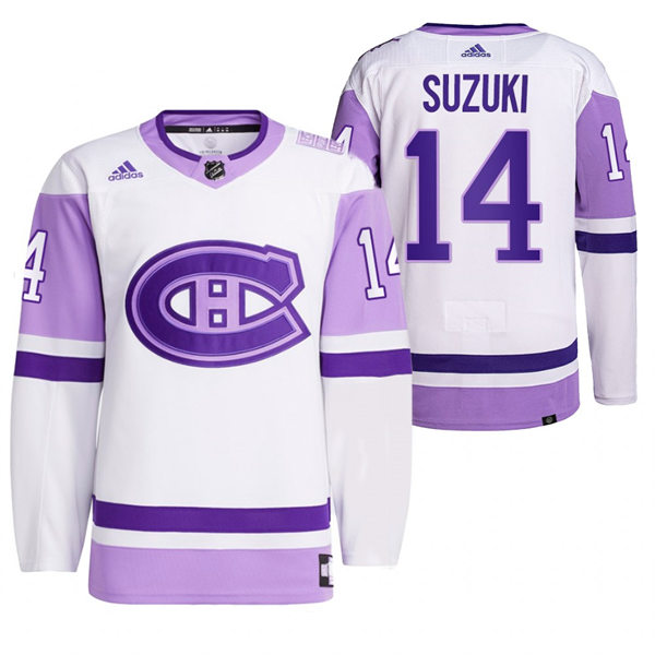 Mens Montreal Canadiens #14 Nick Suzuki 2021-22 White Purple Hockey Fights Cancer Primegreen Jersey