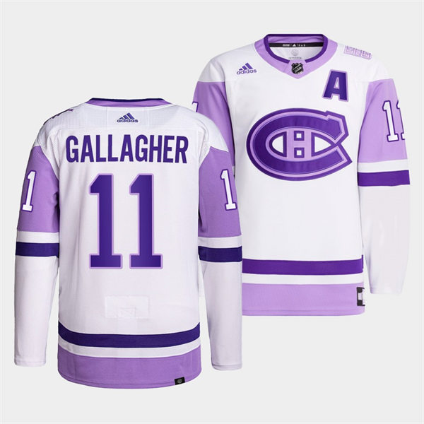 Men's Montreal Canadiens #11 Brendan Gallagher 2021-22 White Purple Hockey Fights Cancer Primegreen Jersey