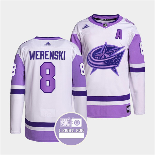 Mens Columbus Blue Jackets #8 Zach Werenski 2021-22 White Purple Hockey Fights Cancer Primegreen Jersey