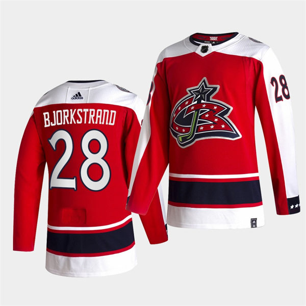 Mens Columbus Blue Jackets #28 Oliver Bjorkstrand Adidas Red 2021 NHL Season Reverse Retro Jersey