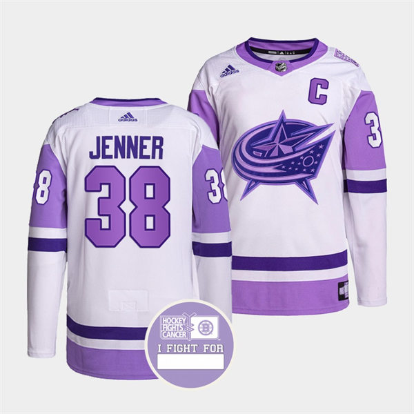 Mens Columbus Blue Jackets #38 Boone Jenner 2021-22 White Purple Hockey Fights Cancer Primegreen Jersey