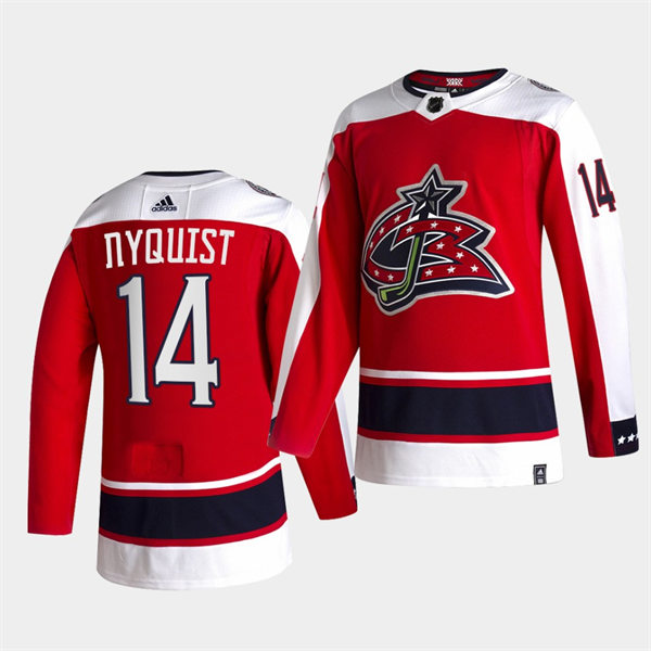 Mens Columbus Blue Jackets #14 Gustav Nyquist Adidas Red 2021 NHL Season Reverse Retro Jersey