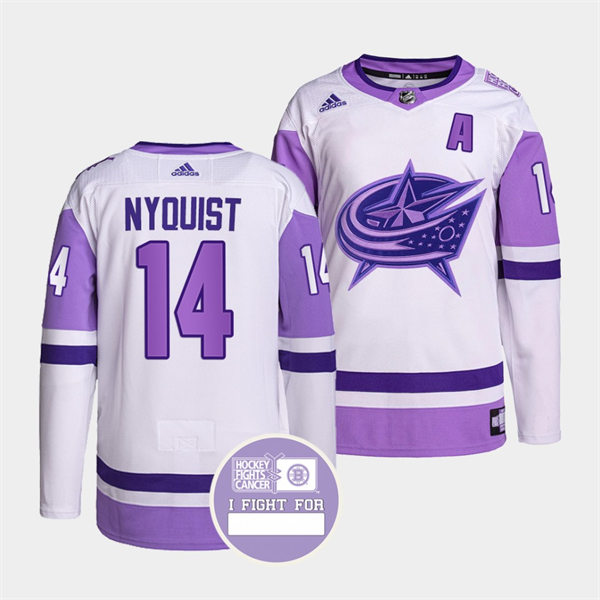 Mens Columbus Blue Jackets #14 Gustav Nyquist 2021-22 White Purple Hockey Fights Cancer Primegreen Jersey