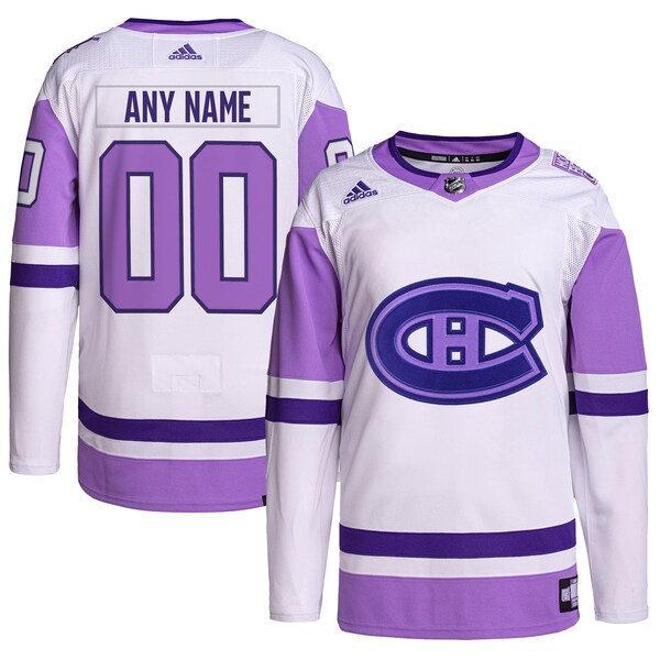 Men's Montreal Canadiens Custom 2021-22 White Purple Hockey Fights Cancer Primegreen Jersey