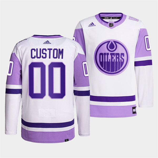 Men's Edmonton Oilers Custom 2021-22 White Purple Hockey Fights Cancer Primegreen Jersey