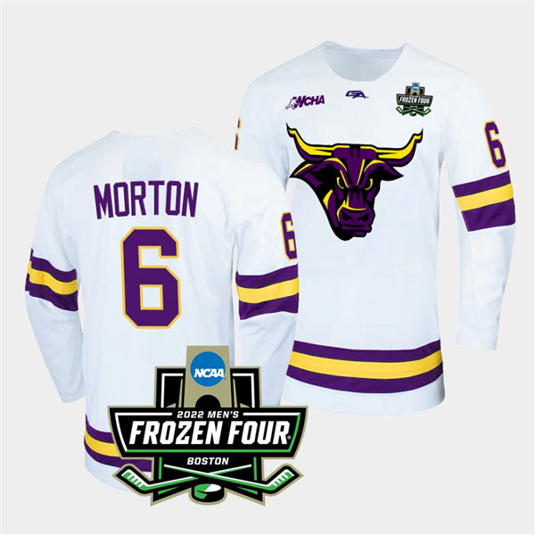 Mens Minnesota State Mavericks #6 Sam Morton Gemini White 2022 Frozen Four Hockey Jersey6