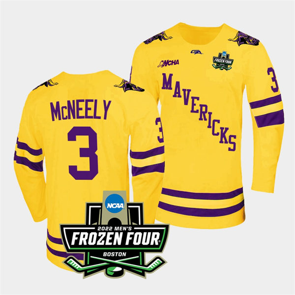 Mens Minnesota State Mavericks #3 Jack McNeely Gemini Gold 2022 Frozen Four Hockey Jersey