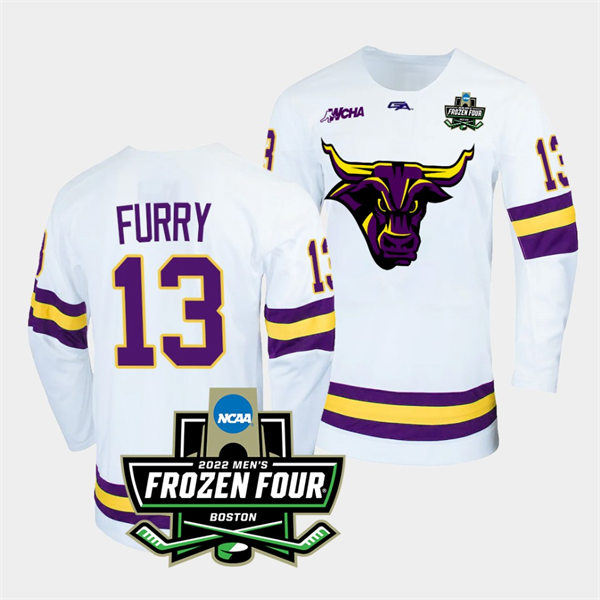 Mens Minnesota State Mavericks #13 Brendan Furry Gemini White 2022 Frozen Four Hockey Jersey