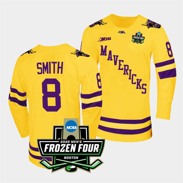 Mens Minnesota State Mavericks #8 Nathan Smith Gemini Gold 2022 Frozen Four Hockey Jersey
