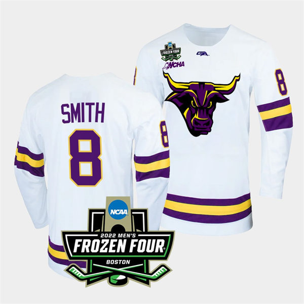 Mens Minnesota State Mavericks #8 Nathan Smith Gemini White 2022 Frozen Four Hockey Jersey