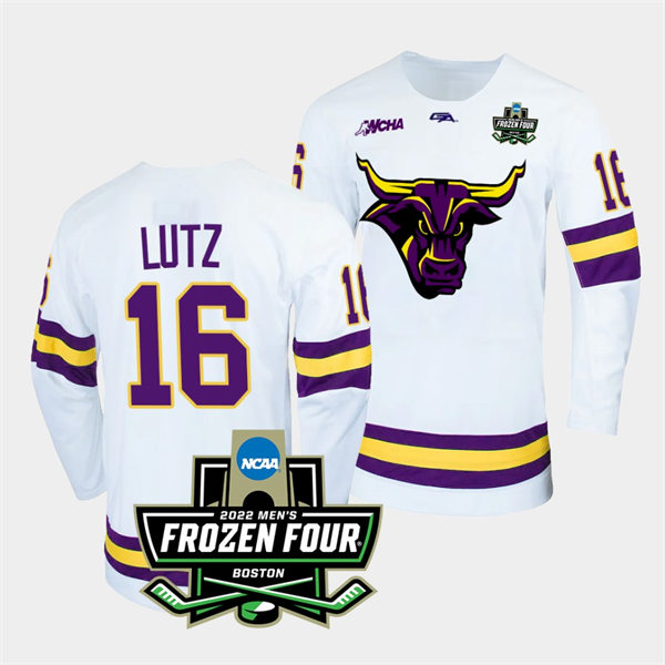 Mens Minnesota State Mavericks #16 Reggie Lutz Gemini White 2022 Frozen Four Hockey Jersey