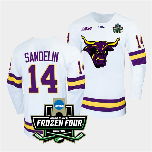 Mens Minnesota State Mavericks #14 Ryan Sandelin Gemini White 2022 Frozen Four Hockey Jersey