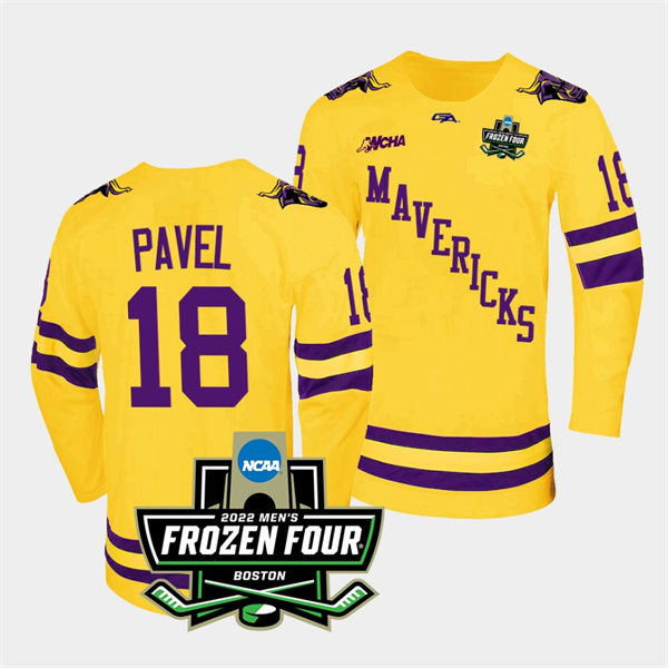 Mens Minnesota State Mavericks #18 Ondrej Pavel Gemini Gold 2022 Frozen Four Hockey Jersey