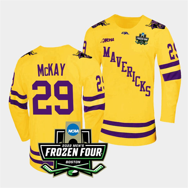 Mens Minnesota State Mavericks #29 Dryden McKay Gemini Gold 2022 Frozen Four Hockey Jersey