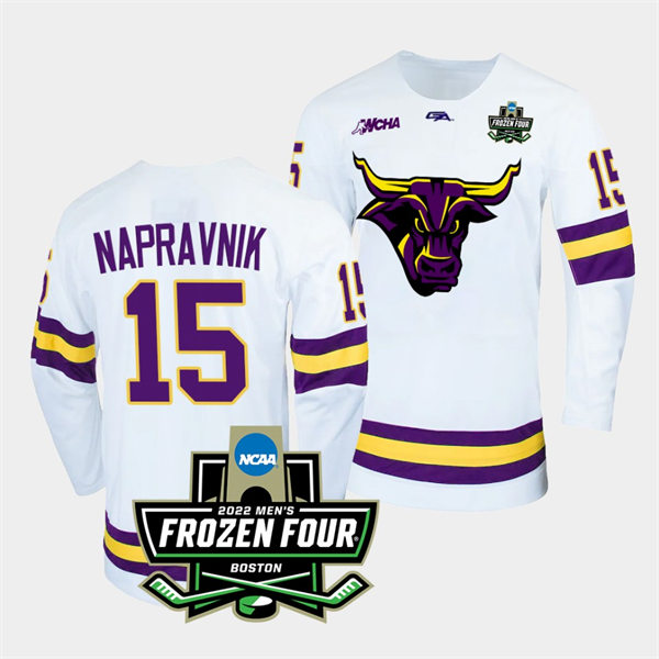 Mens Minnesota State Mavericks #15 Julian Napravnik Gemini White 2022 Frozen Four Hockey Jersey