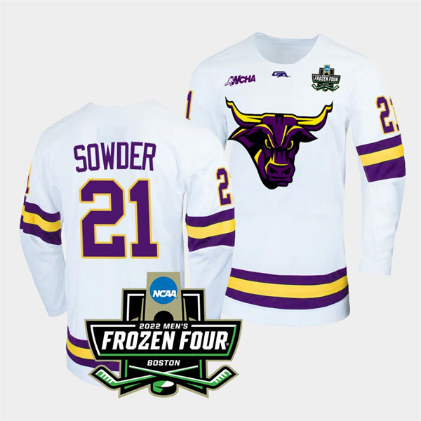 Mens Minnesota State Mavericks #21 Lucas Sowder Gemini White 2022 Frozen Four Hockey Jersey