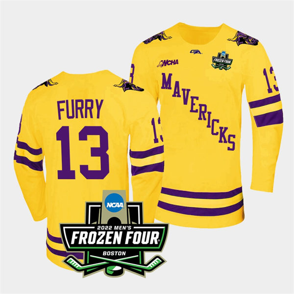 Mens Minnesota State Mavericks #13 Brendan Furry Gemini Gold 2022 Frozen Four Hockey Jersey