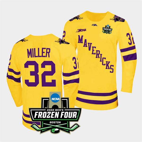 Mens Minnesota State Mavericks #32 Andrew Miller Gemini Gold 2022 Frozen Four Hockey Jersey