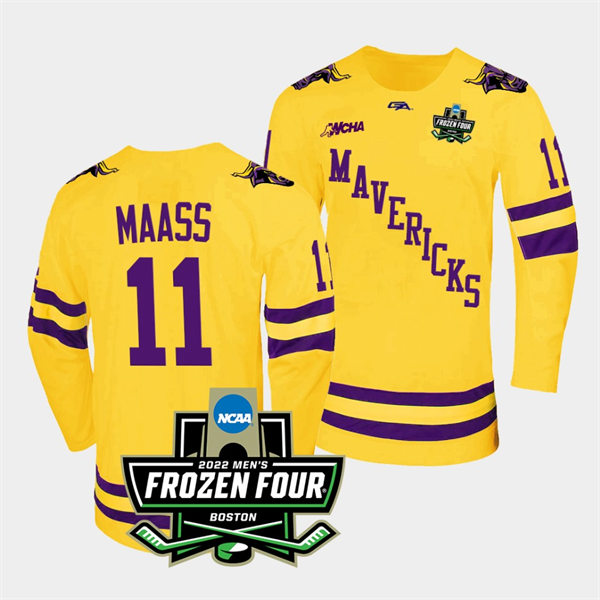 Mens Minnesota State Mavericks #11 Benton Maass Gemini Gold 2022 Frozen Four Hockey Jersey