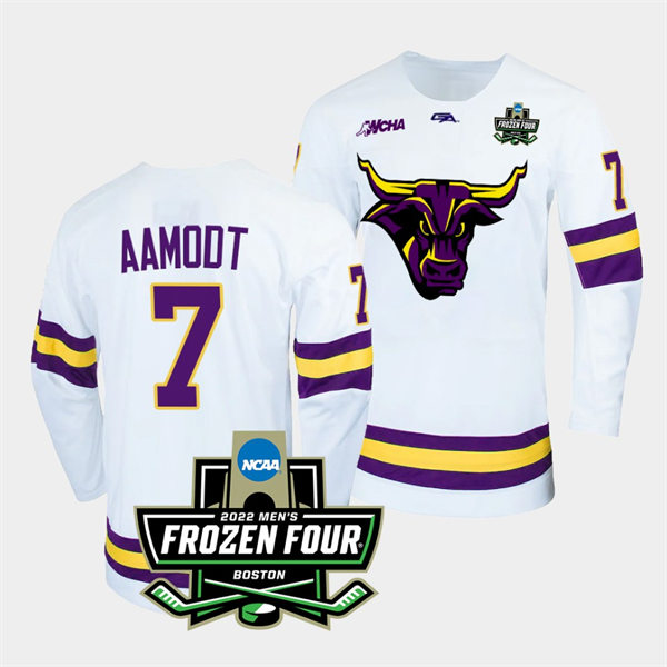 Mens Minnesota State Mavericks #7 Wyatt Aamodt Gemini White 2022 Frozen Four Hockey Jersey