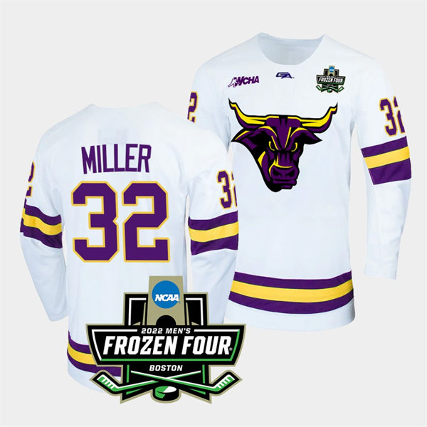 Mens Minnesota State Mavericks #32 Andrew Miller Gemini White 2022 Frozen Four Hockey Jersey