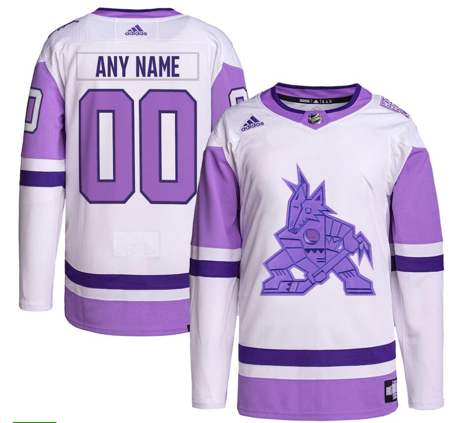 Men's Arizona Coyotes adidas White Purple Hockey Fights Cancer Primegreen Custom Jersey