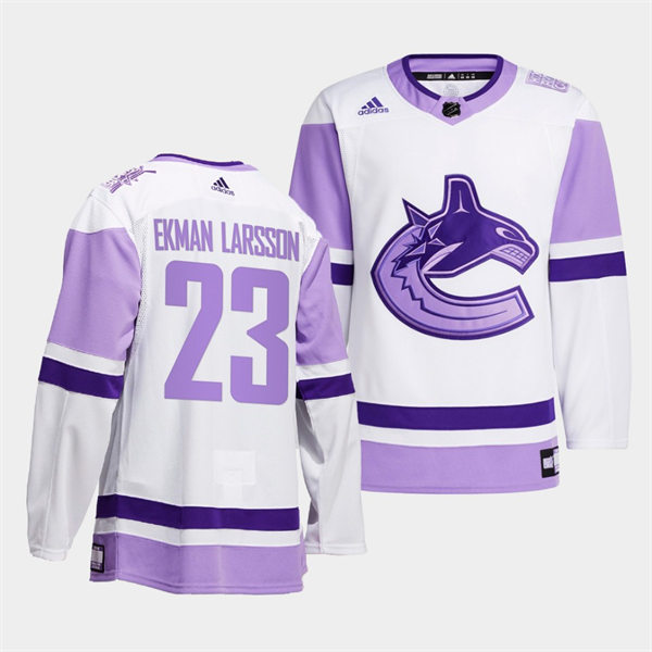 Men's Vancouver Canucks #23 Oliver Ekman-Larsson 2021-22 White Purple Hockey Fights Cancer Primegreen Jersey