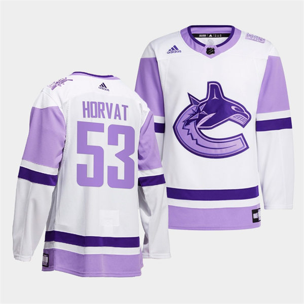 Men's Vancouver Canucks #53 Bo Horvat 2021-22 White Purple Hockey Fights Cancer Primegreen Jersey