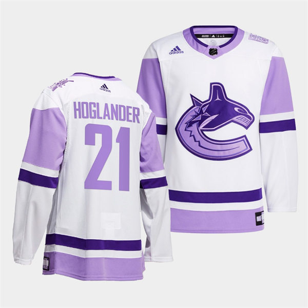 Men's Vancouver Canucks #21 Nils Hoglander 2021-22 White Purple Hockey Fights Cancer Primegreen Jersey
