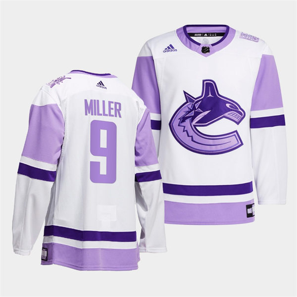 Men's Vancouver Canucks #9 J. T. Miller 2021-22 White Purple Hockey Fights Cancer Primegreen Jersey