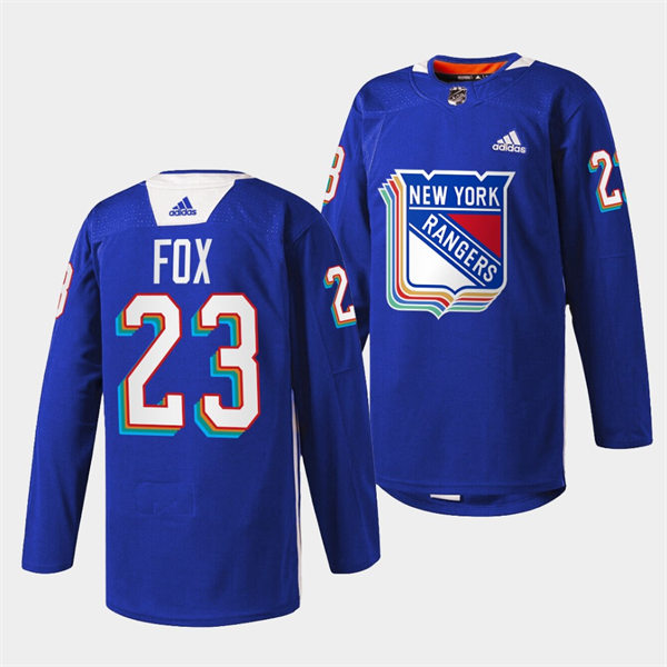 Mens New York Rangers #23 Adam Fox Royal Pride Night Warmup Jersey