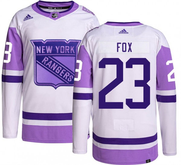 Mens New York Rangers #23 Adam Fox 2021-22 White Purple Hockey Fights Cancer Primegreen Jersey