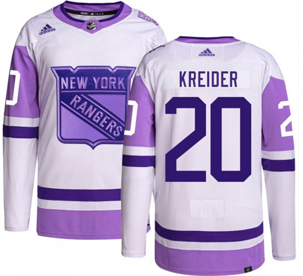 Mens New York Rangers #20 Chris Kreide 2021-22 White Purple Hockey Fights Cancer Primegreen Jersey