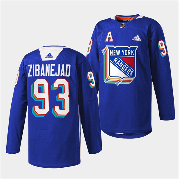 Mens New York Rangers #93 Mika Zibanejad Royal Pride Night Warmup Jersey