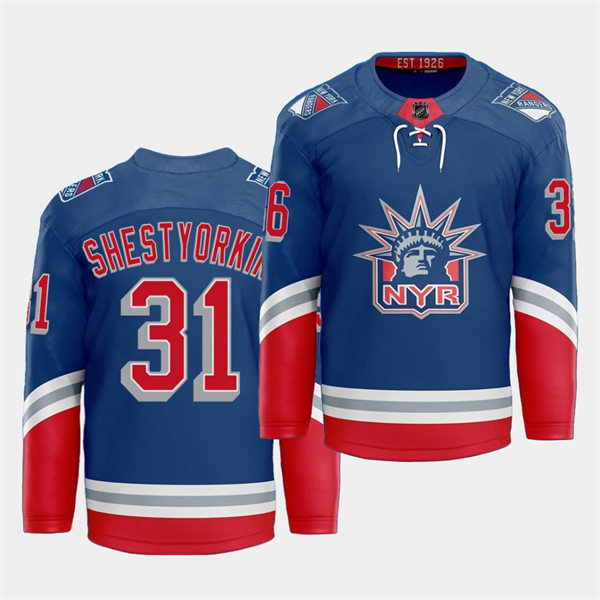 Mens New York Rangers #31 Igor Shesterkin adidas Royal 2021 Classic Edition Liberty Jersey