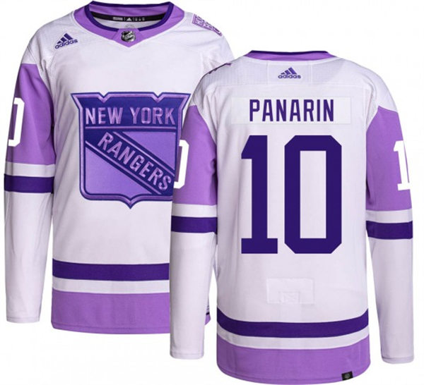 Mens New York Rangers #10 Artemi Panarin 2021-22 White Purple Hockey Fights Cancer Primegreen Jersey