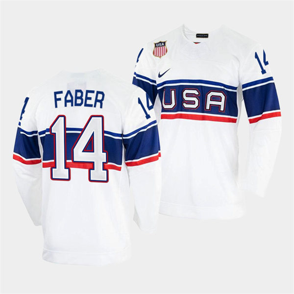 Men's USA Hockey #14 Brock Faber Nike White 2022 Beijing Winter Olympic Jersey