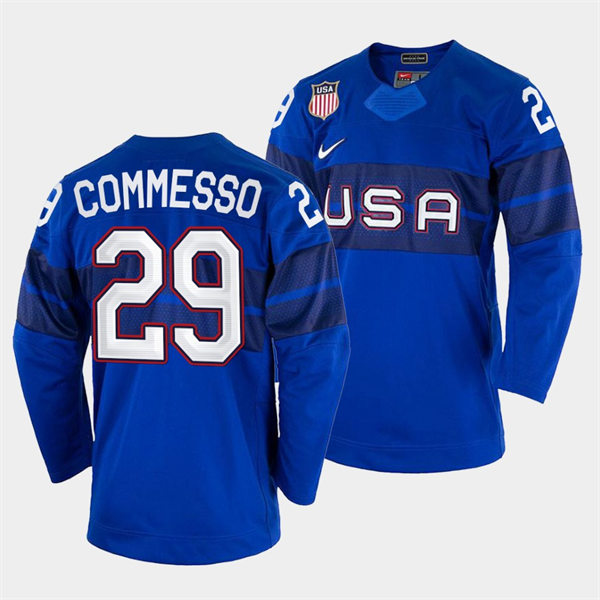 Men's USA Hockey #29 Drew Commesso 2022 Winter Olympics Royal Jersey