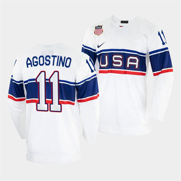Men's USA Hockey #11 Kenny Agostino Nike White 2022 Beijing Winter Olympic Jersey