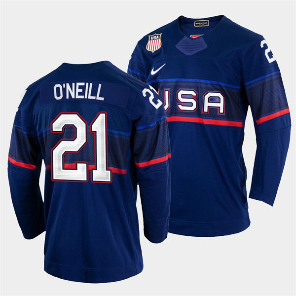 Men's USA Hockey #21 Brian O'Neill 2022 Winter Olympics Blue Jersey