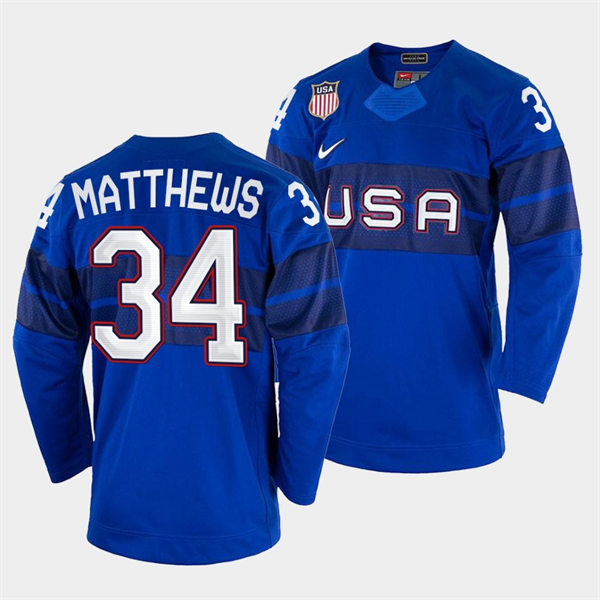 Men's USA Hockey #34 Auston Matthews 2022 Beijing Winter Olympic Jersey Blue